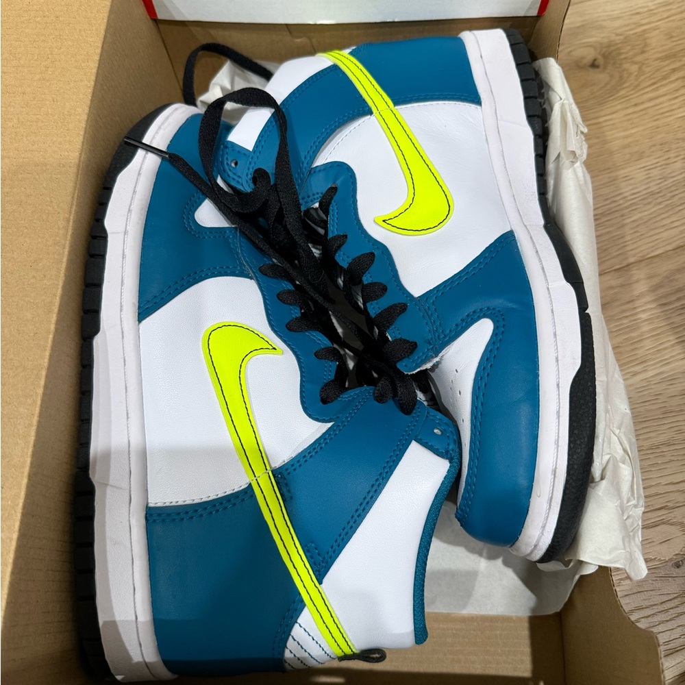 Nike Kids Dunk High in Teal, White, and Neon Yellow